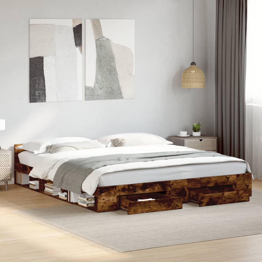 Bedframe met lades bewerkt hout gerookt eikenkleurig 200x200 cm – afbeelding 1