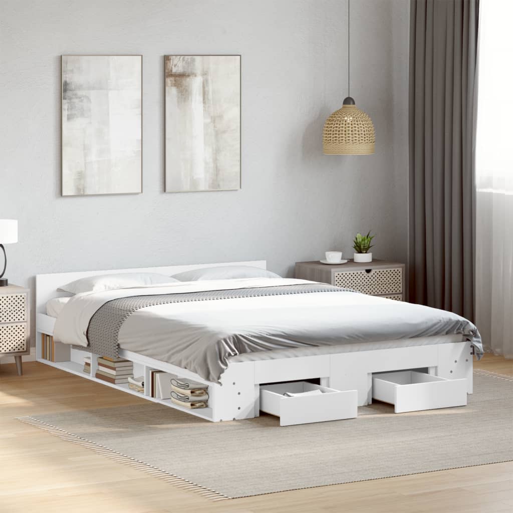 Bedframe met lades bewerkt hout wit 150x200 cm – afbeelding 1