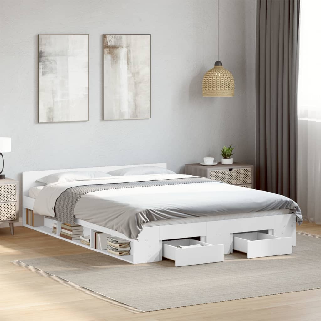 Bedframe met lades bewerkt hout wit 120x200 cm – afbeelding 1
