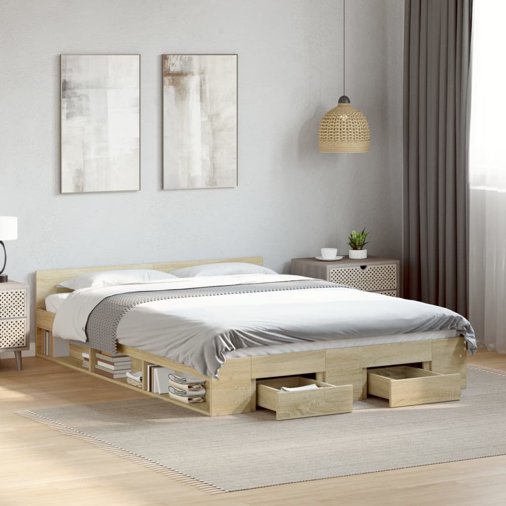 Bedframe met lades bewerkt hout sonoma eikenkleurig 120x200 cm – afbeelding 1