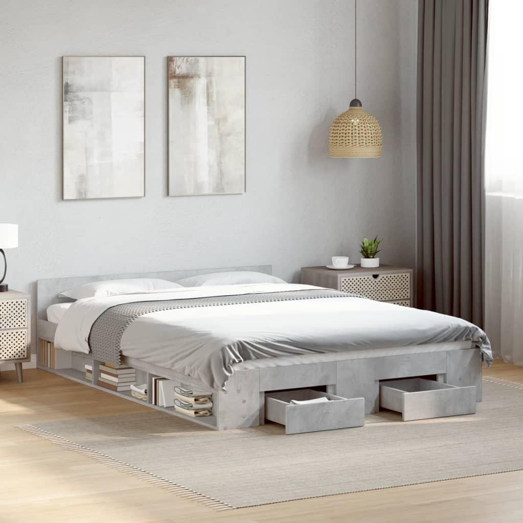 Bedframe met lades bewerkt hout betongrijs 120x200 cm – afbeelding 1