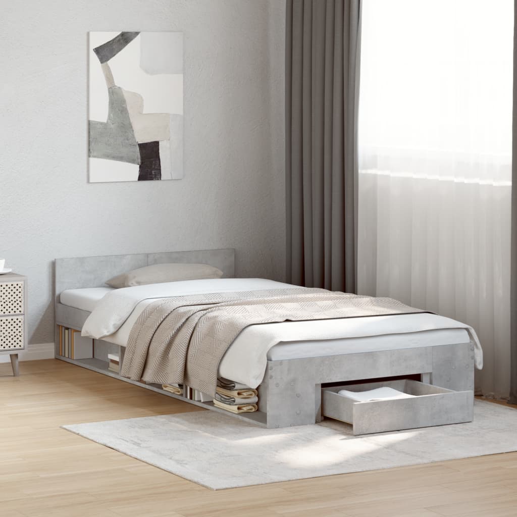 Bedframe met lade bewerkt hout betongrijs 100x200 cm – afbeelding 1