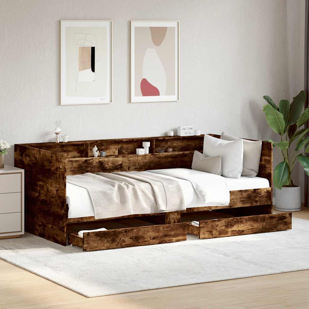 Slaapbank met lades zonder matras 100x200 cm gerookt eikenkleur – afbeelding 1