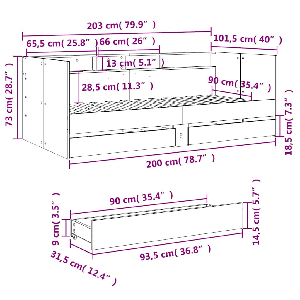 Slaapbank met lades zonder matras 90x200 cm grijs sonoma eiken – afbeelding 10