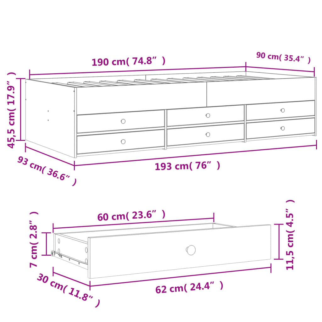 Slaapbank met lades zonder matras 90x190 cm zwart – afbeelding 10