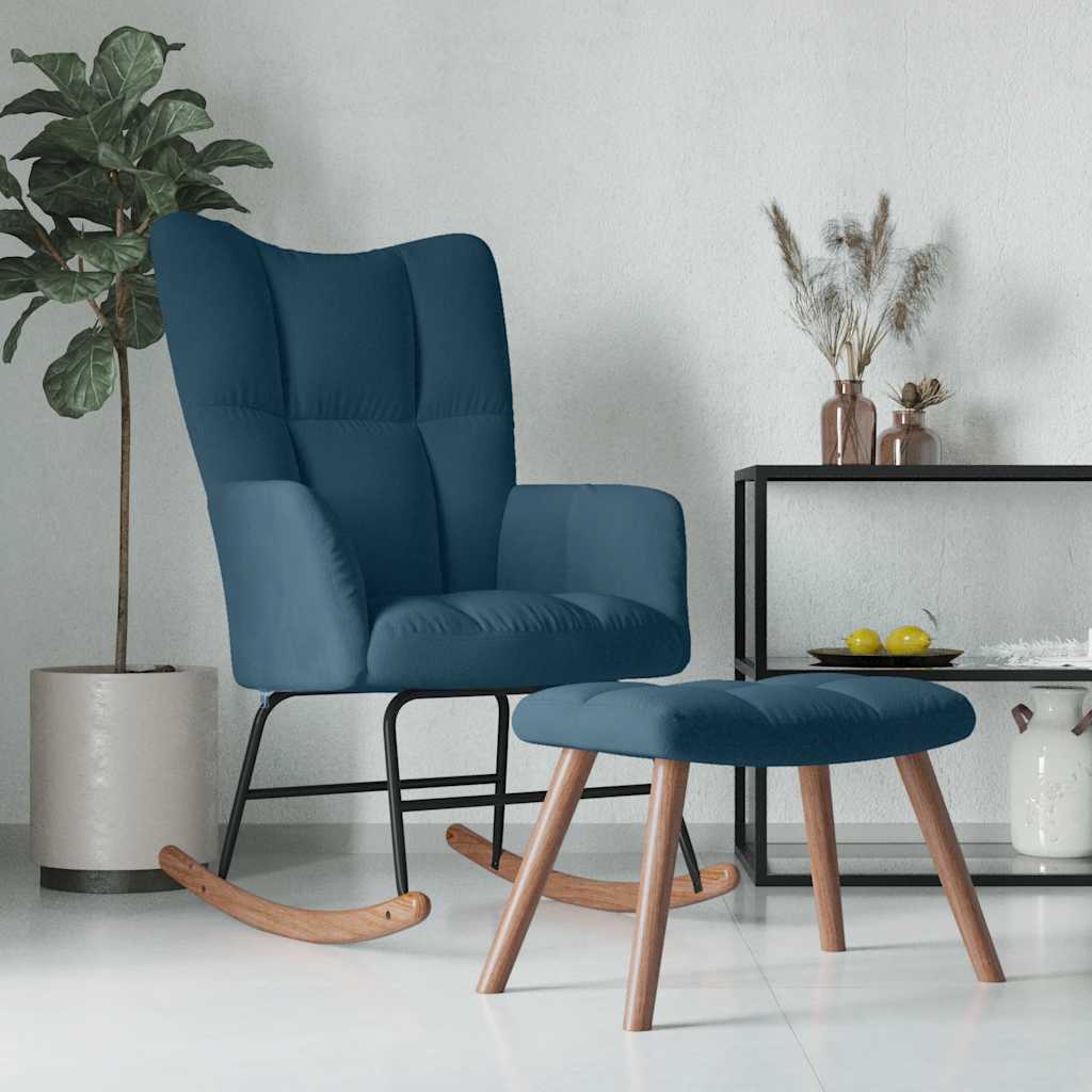 Schommelstoel met krukje blauw fluweel