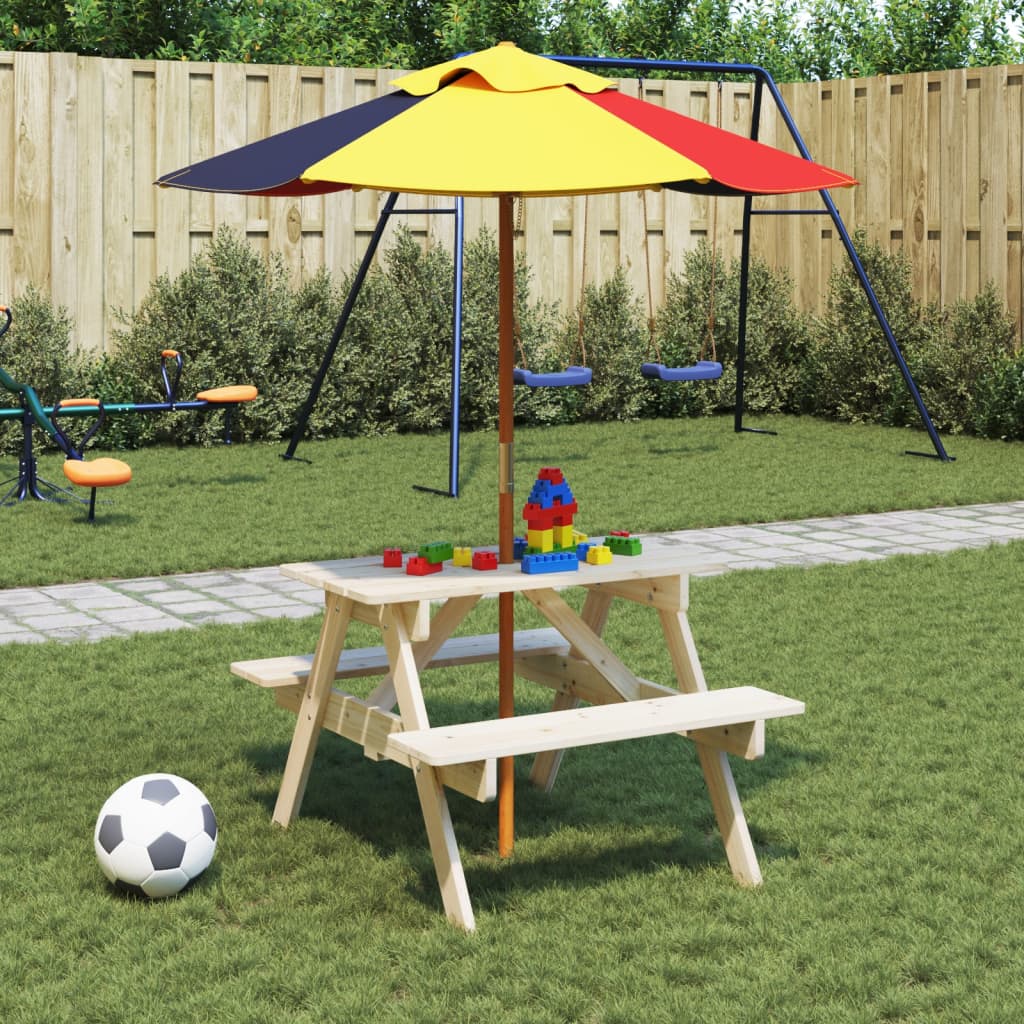 Picknicktafel voor 4 kinderen met parasol massief vurenhout – afbeelding 1