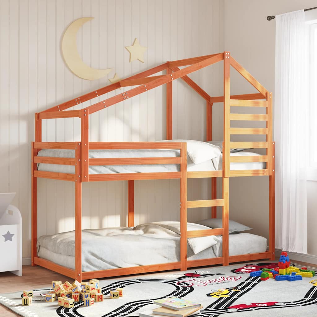 Stapelbed met dak massief grenenhout wasbruin 80x200 cm – afbeelding 1