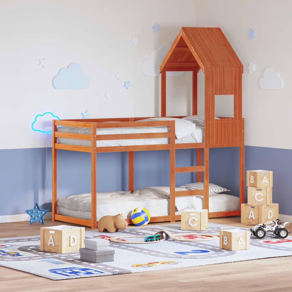 Stapelbed met dak massief grenenhout wasbruin 90x190 cm – afbeelding 1