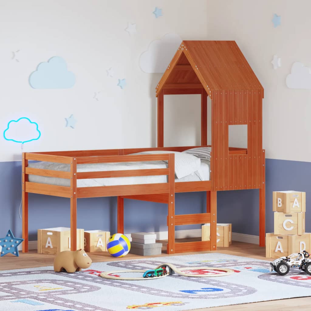 Hoogslaper met bedhuis massief grenenhout wasbruin 80x200 cm – afbeelding 1
