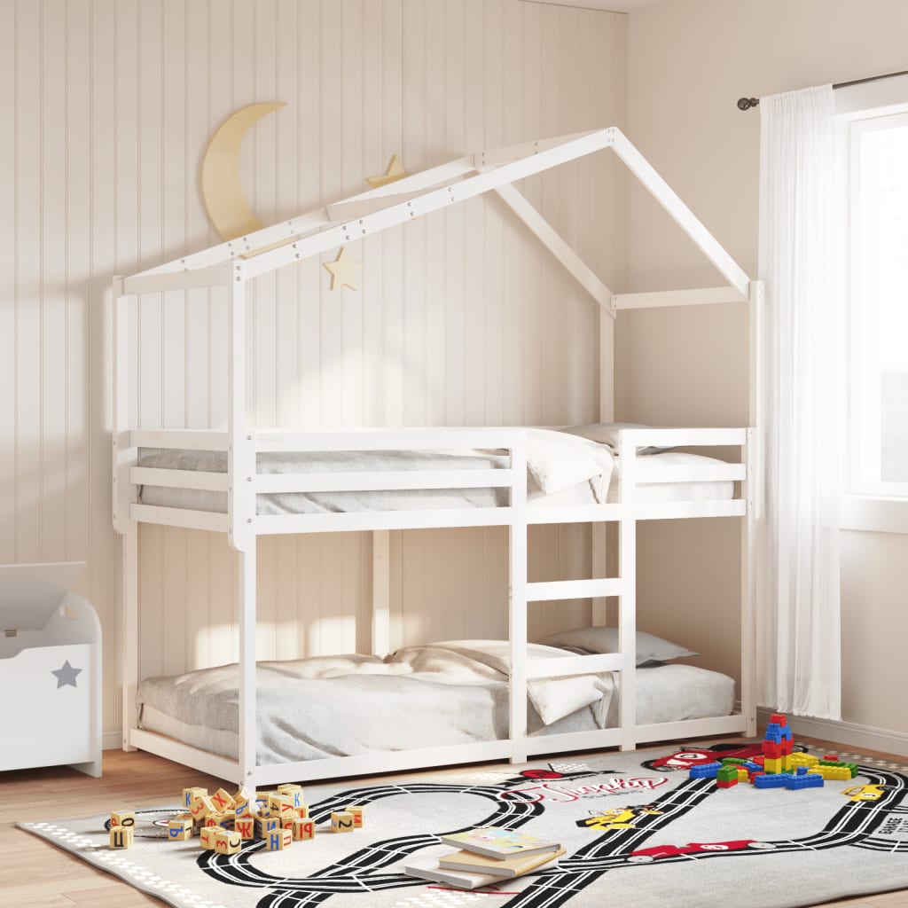 Stapelbed met dak massief grenenhout wit 75x190 cm – afbeelding 1
