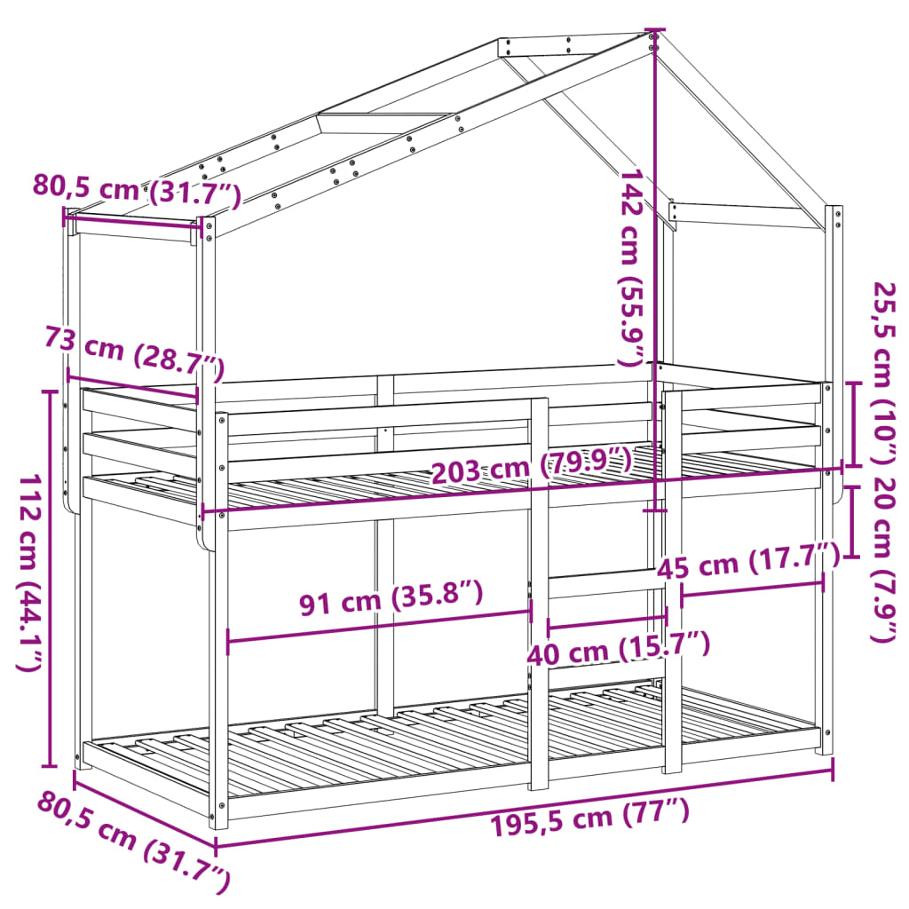 Stapelbed met dak massief grenenhout wit 75x190 cm – afbeelding 12