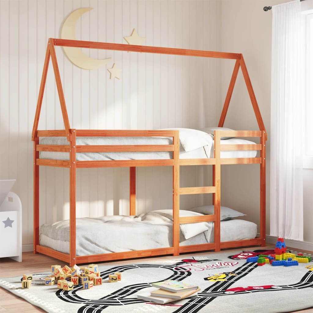Stapelbed met dak massief grenenhout wasbruin 90x190 cm – afbeelding 1