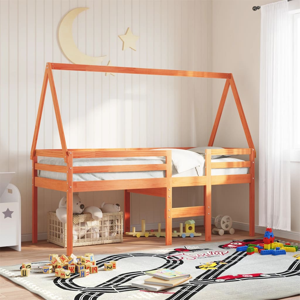 Hoogslaper met bedhuis massief grenenhout wasbruin 80x200 cm – afbeelding 1