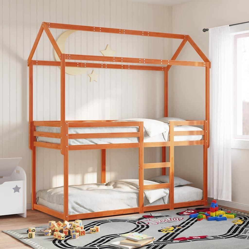 Stapelbed met bedhuis massief grenenhout wasbruin 90x200 cm – afbeelding 1