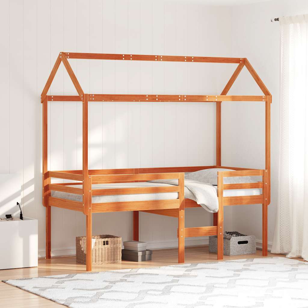 Hoogslaper met dak massief grenenhout wasbruin 90x200 cm – afbeelding 1