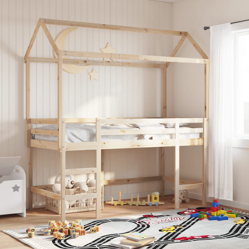 Halfhoogslaper met ladder en bedhuis grenenhout 90x190 cm – afbeelding 1
