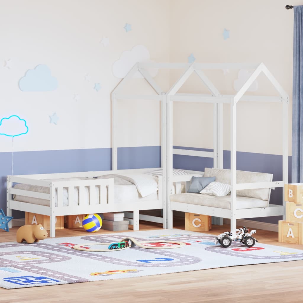 Kinderbed met huisje en bankje massief grenenhout wit 80x200 cm – afbeelding 1