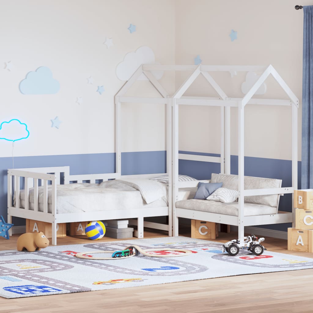 Kinderbed met huisje en bankje massief grenenhout wit 80x200 cm – afbeelding 1