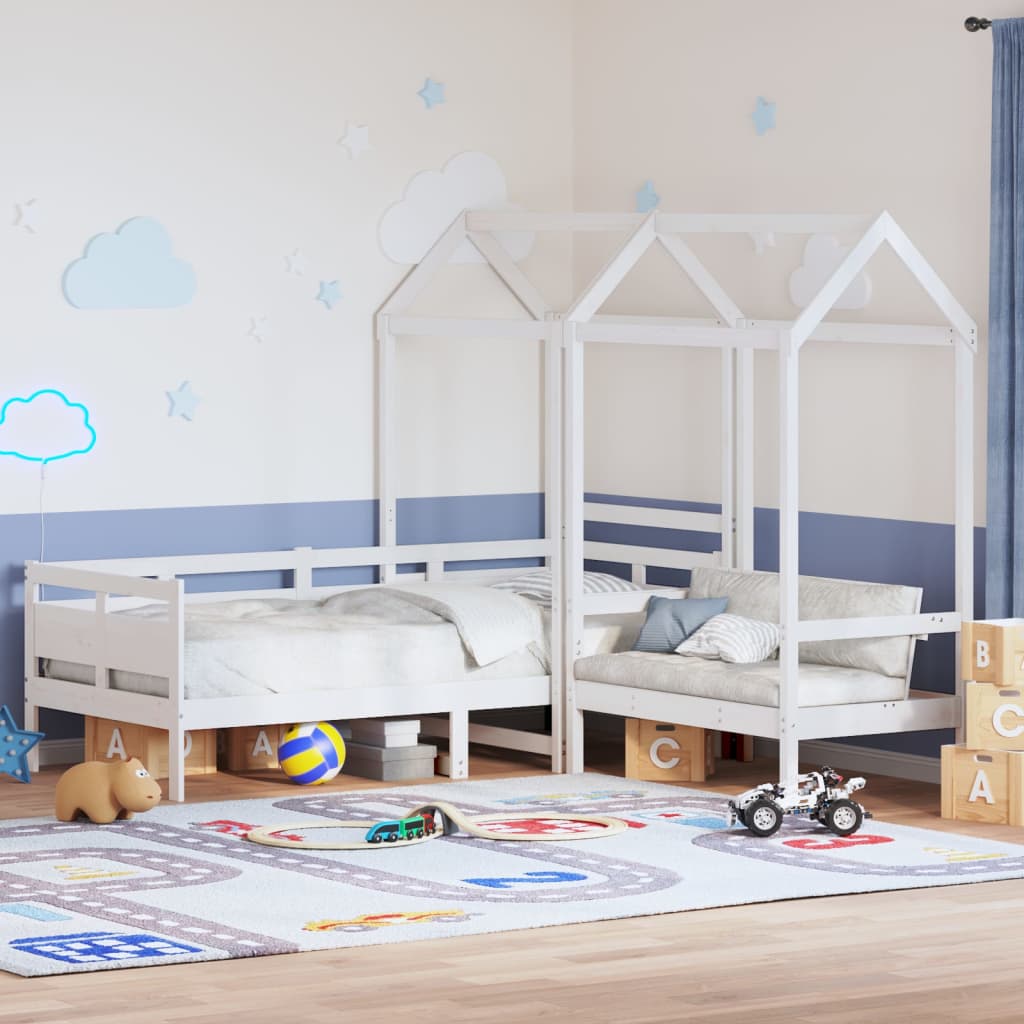 Kinderbed met huisje en bankje massief grenenhout wit 80x200 cm – afbeelding 1