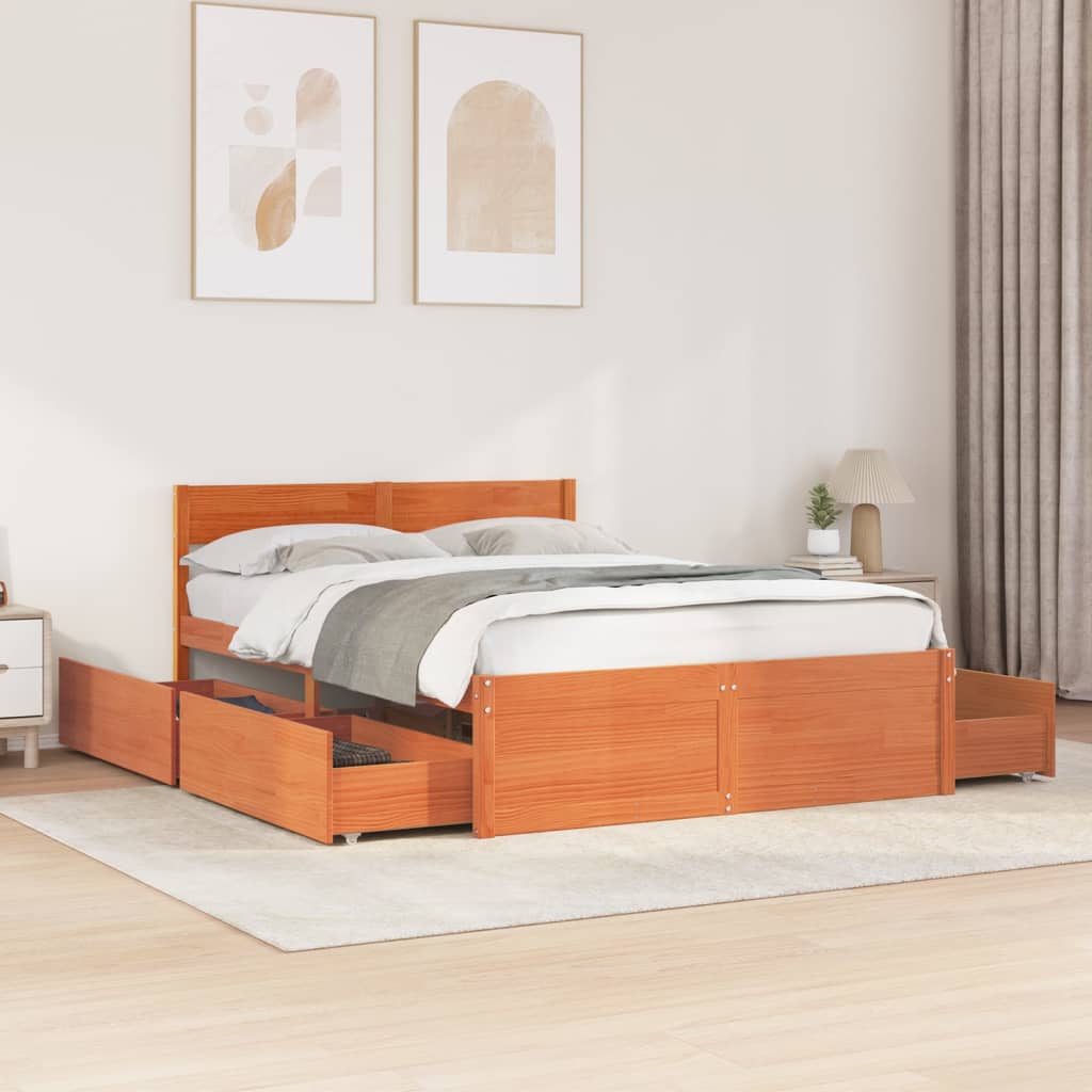 Bedframe zonder matras massief grenenhout wasbruin 135x190 cm – afbeelding 1
