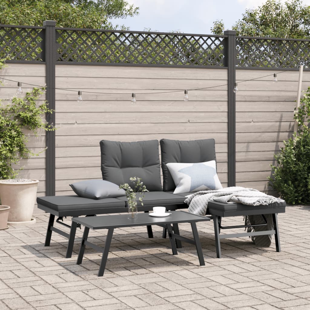 3-delige Tuinbankenset met kussens gepoedercoat staal zwart – afbeelding 1