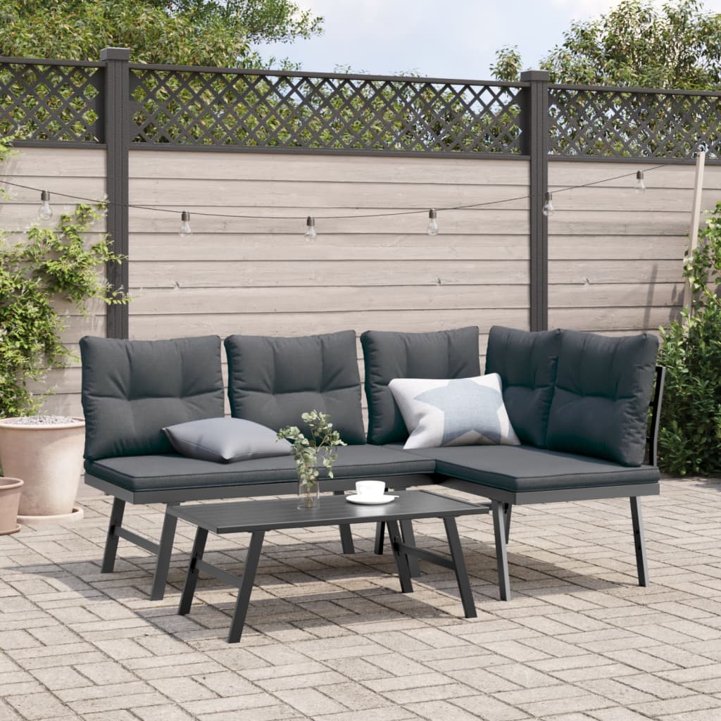 3-delige Tuinbankenset met kussens gepoedercoat staal zwart – afbeelding 1