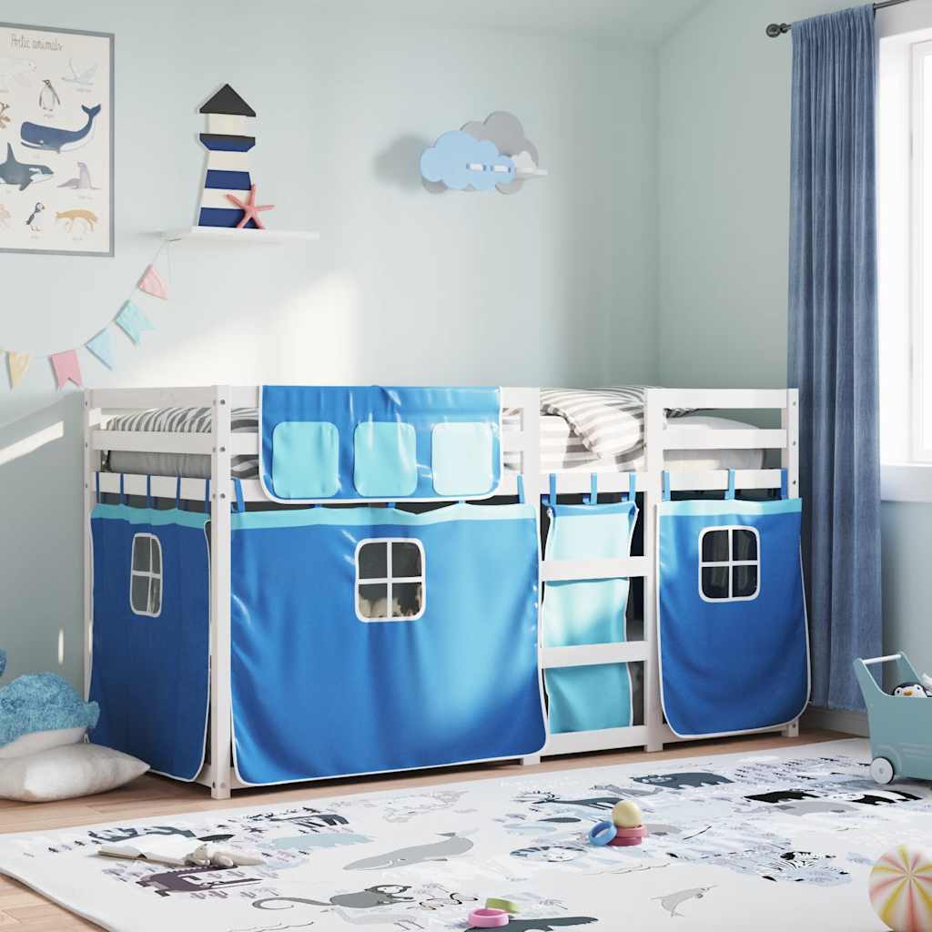 Stapelbed met gordijnen 80x200 cm massief grenenhout blauw