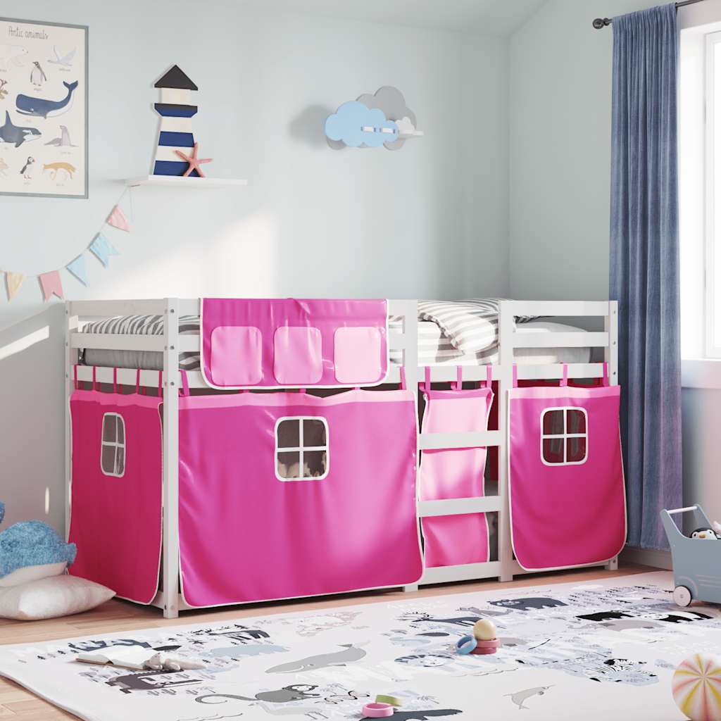 Stapelbed met gordijnen 75x190 cm grenenhout roze – afbeelding 1