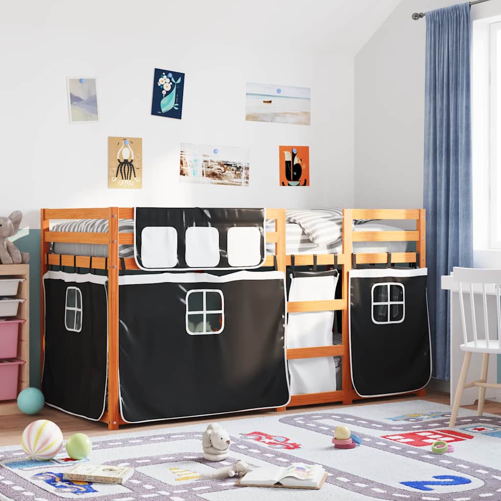 Stapelbed met gordijnen 90x200 cm grenenhout wit en zwart – afbeelding 1