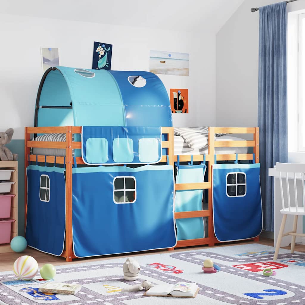 Stapelbed met gordijnen 80x200 cm massief grenenhout blauw – afbeelding 1