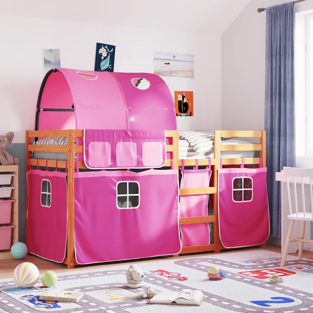 Stapelbed met gordijnen 80x200 cm grenenhout roze – afbeelding 1