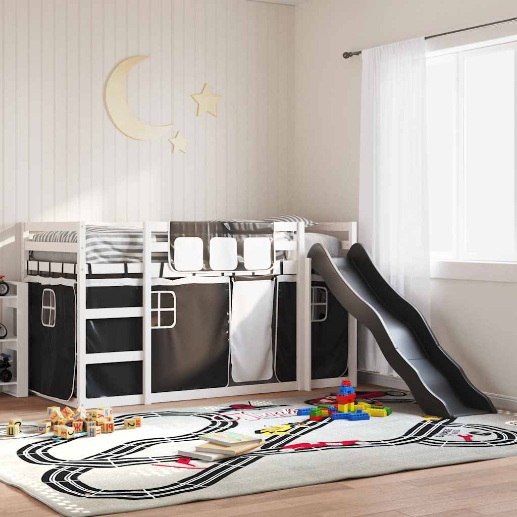 Stapelbed met glijbaan en gordijnen 90x200 cm wit en zwart – afbeelding 1