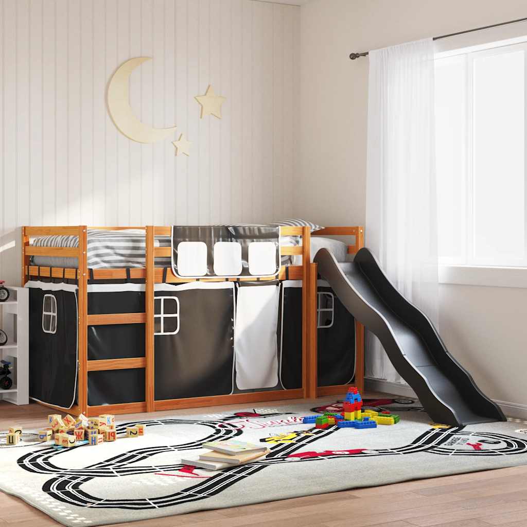 Stapelbed met glijbaan en gordijnen wit en zwart 80x200 cm – afbeelding 1