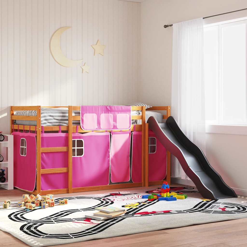 Stapelbed met glijbaan en gordijnen roze 80x200 cm – afbeelding 1