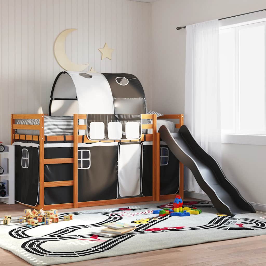 Stapelbed met glijbaan en gordijnen wit en zwart 80x200 cm – afbeelding 1