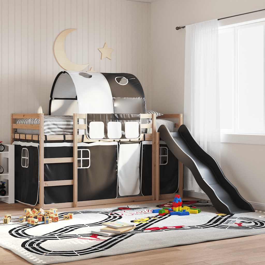 Stapelbed met glijbaan en gordijnen wit en zwart 90x190 cm – afbeelding 1