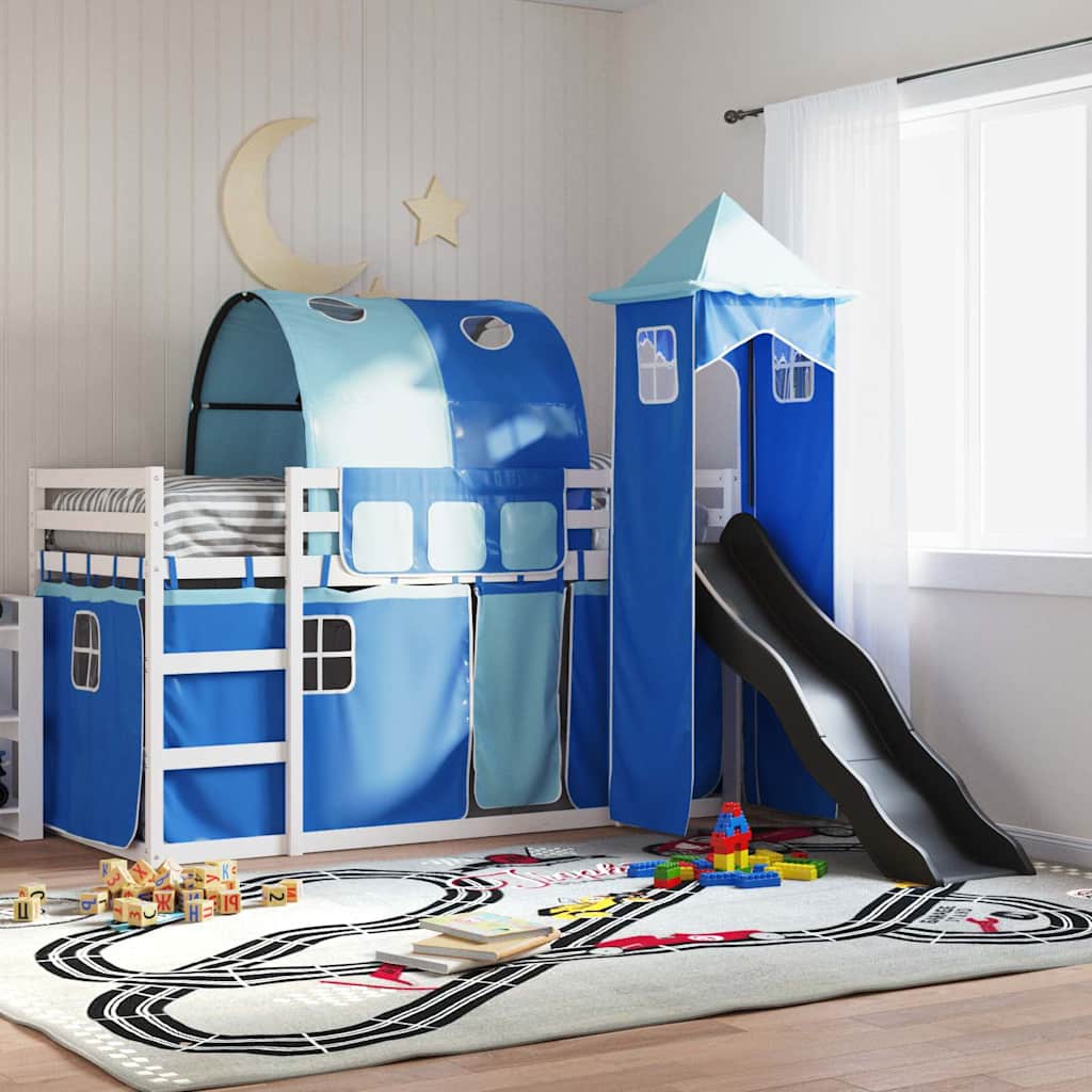 Stapelbed met glijbaan en gordijnen blauw 90x200 cm – afbeelding 1