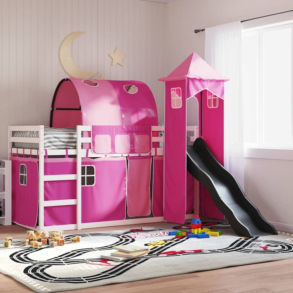 Stapelbed met glijbaan en gordijnen roze 90x200 cm – afbeelding 1