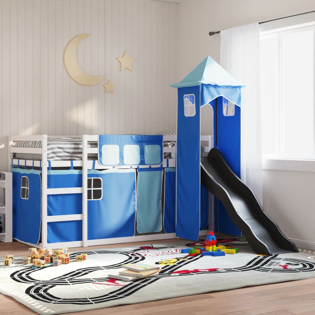 Stapelbed met glijbaan en gordijnen blauw 90x200 cm – afbeelding 1