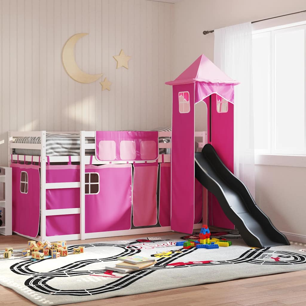 Stapelbed met glijbaan en gordijnen roze 90x200 cm – afbeelding 1