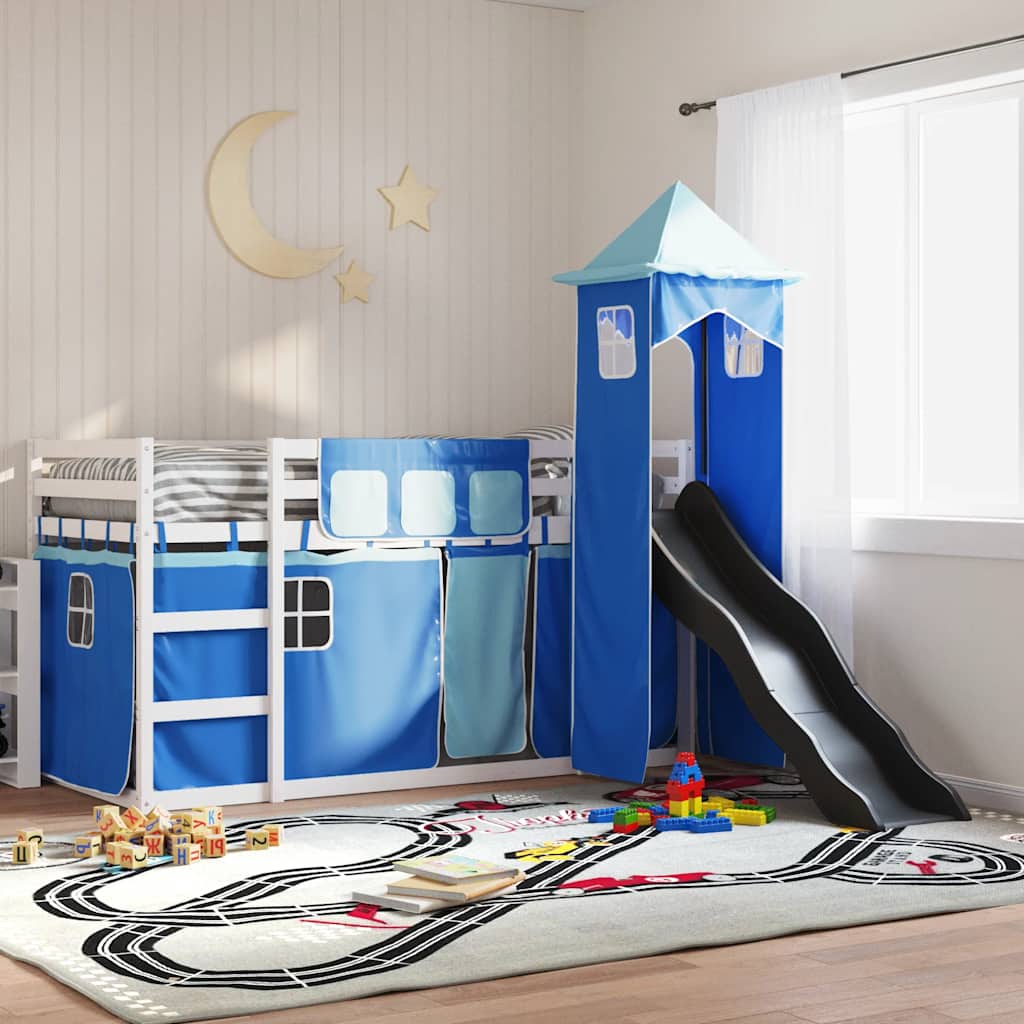 Stapelbed met glijbaan en gordijnen blauw 90x190 cm – afbeelding 1