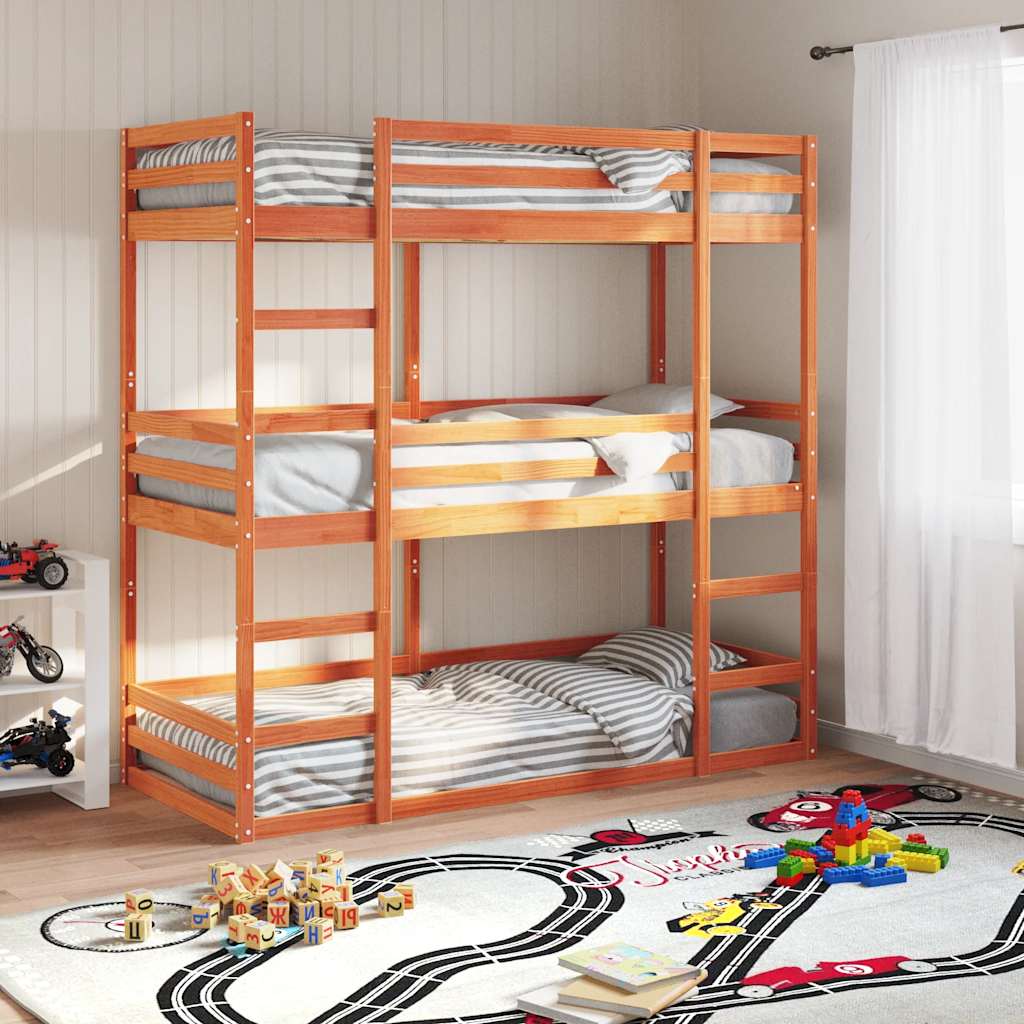 Stapelbed 3-persoons massief grenenhout wasbruin 90x190 cm – afbeelding 1