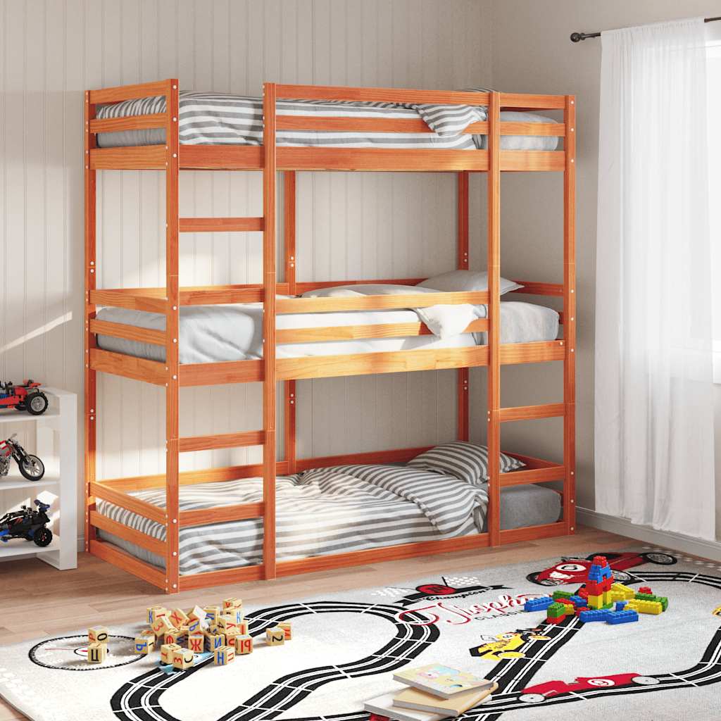 Stapelbed 3-persoons massief grenenhout wasbruin 75x190 cm – afbeelding 1