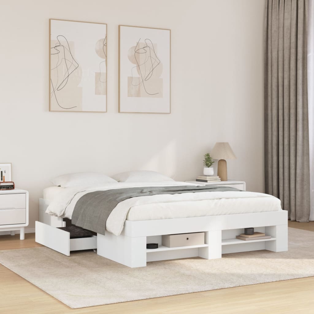 Bedframe bewerkt hout wit 140x200 cm – afbeelding 1