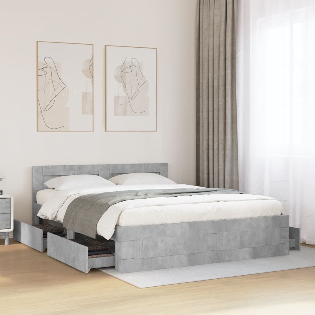 Bedframe met hoofdeinde bewerkt hout betongrijs 150x200 cm – afbeelding 1