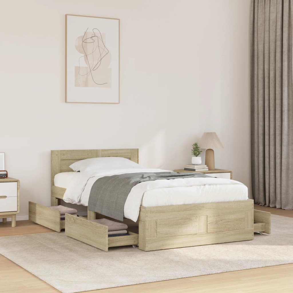 Bedframe met hoofdeinde bewerkt hout sonoma eiken 90x190 cm – afbeelding 1