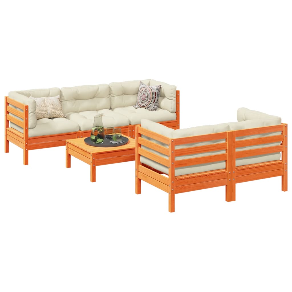 6-delige Loungeset met kussens massief grenenhout wasbruin – afbeelding 1