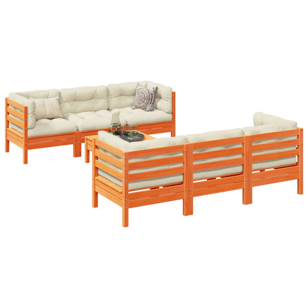 7-delige Loungeset met kussens massief grenenhout wasbruin – afbeelding 1