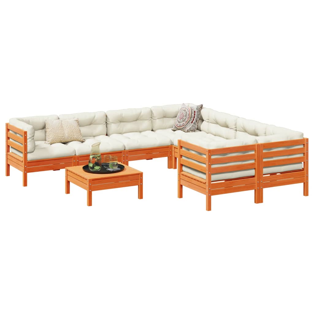 9-delige Loungeset met kussens massief grenenhout wasbruin – afbeelding 1